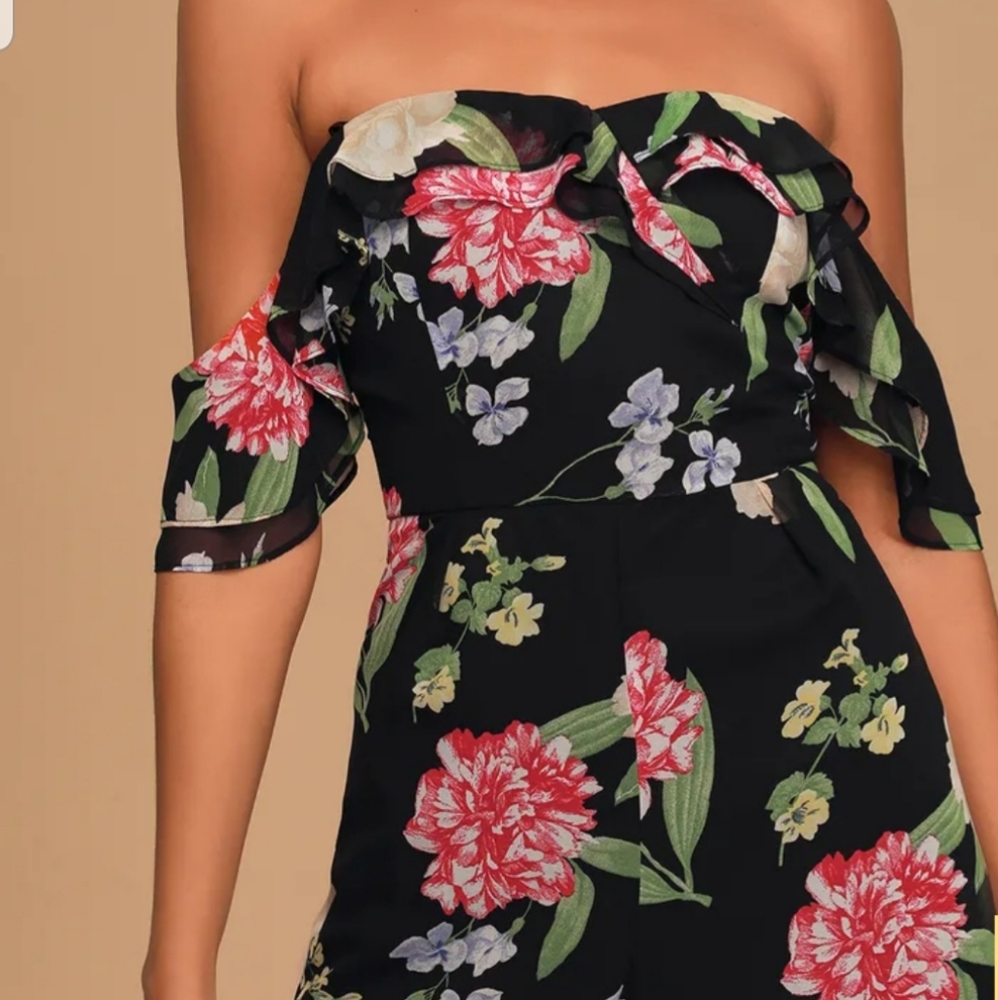 Black floral impressed off the shoulder jumpsuit - Picture 2 of 5